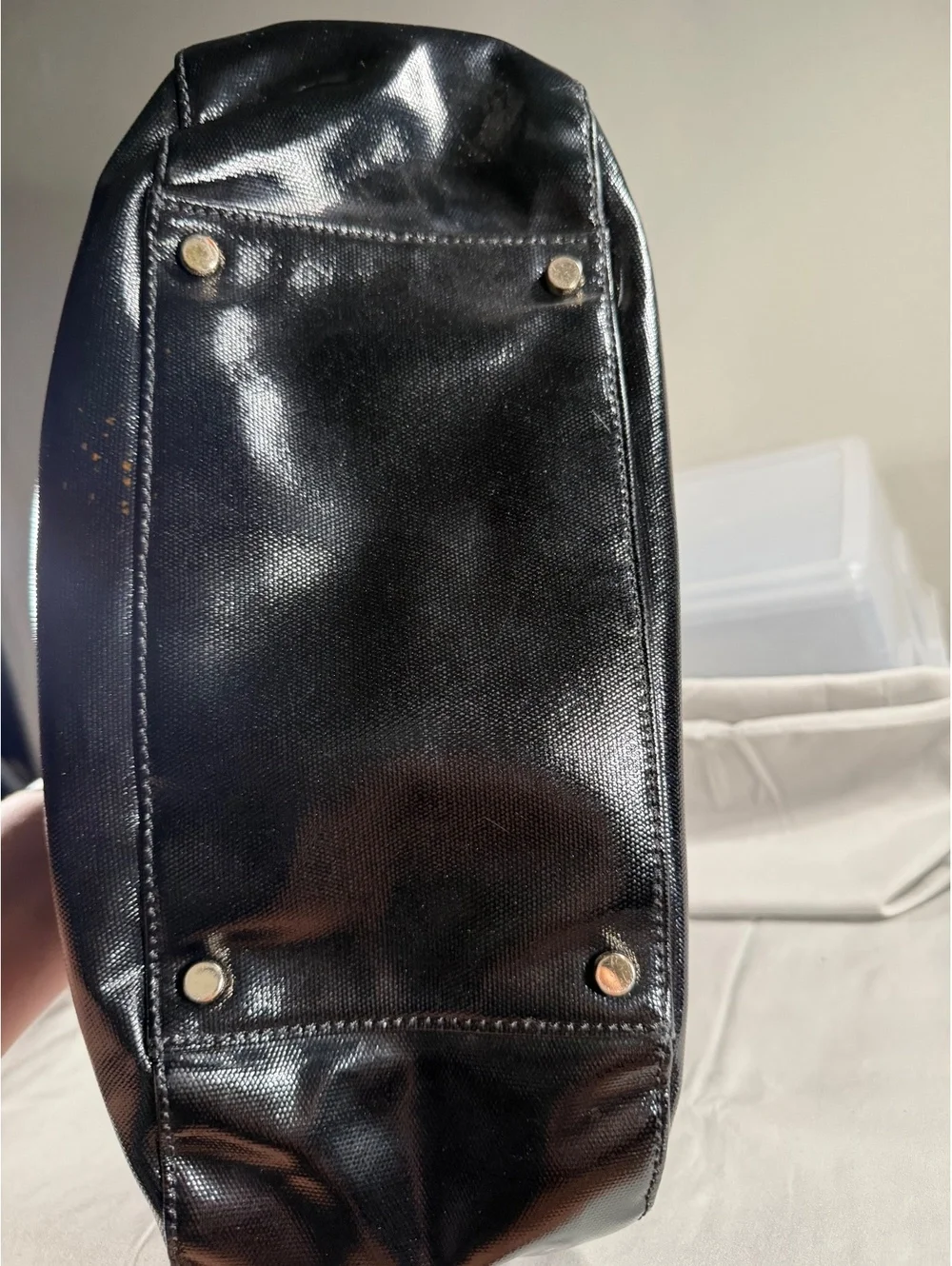 Kate Spade New York Black Patent Leather Tote Bag with Beige Handles